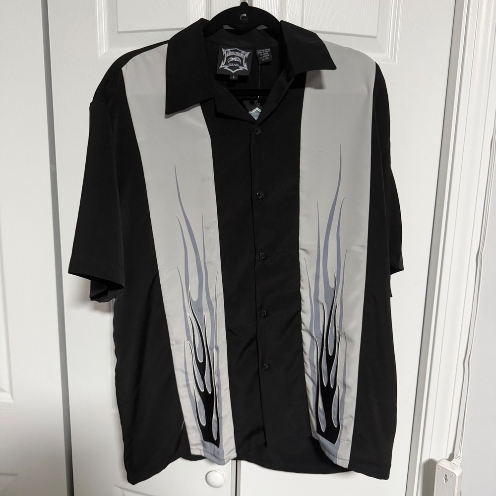 Hard Chrome Gear Mens Large Black Grey Flame Embroidered Bowling Shirt NWT